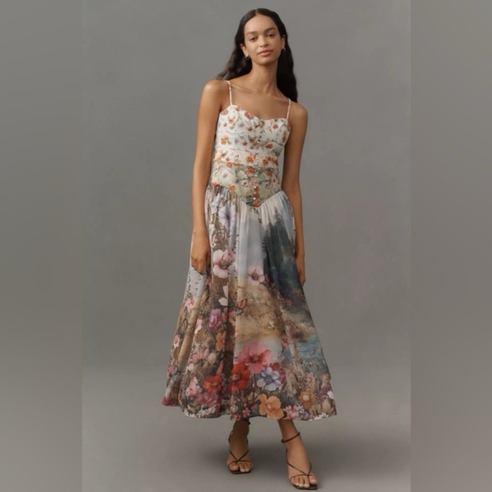 Anthropologie Floral Midi Dress in Light Blue, Pink and Green - Picture 3 of 9